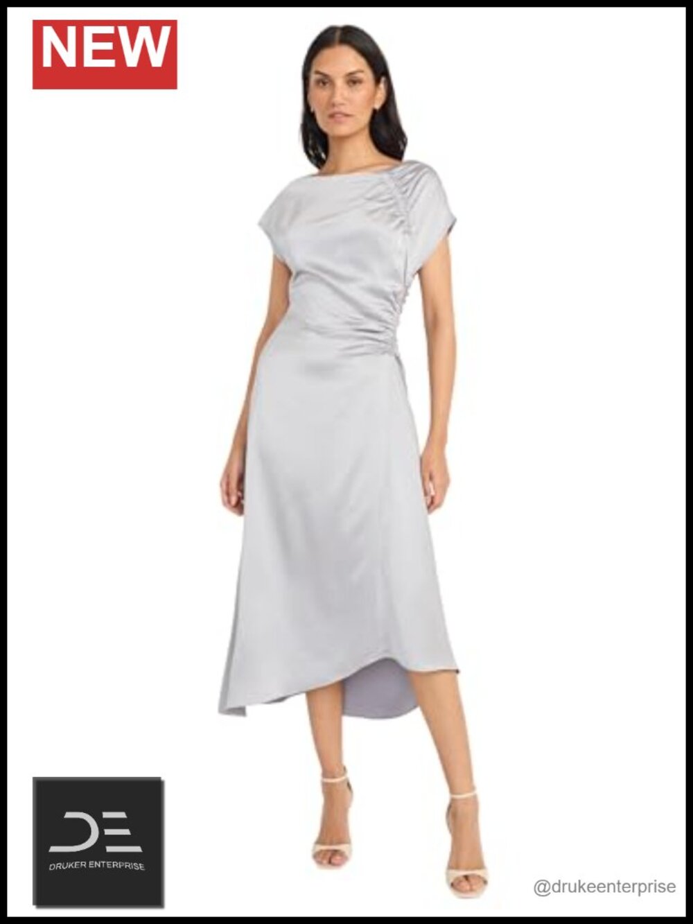 Women's Ruched Side Midi Dress Asymmetric Hem Cap Sleeve V-Back Formal